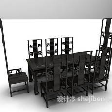黑色中式餐桌椅组合3d模型下载