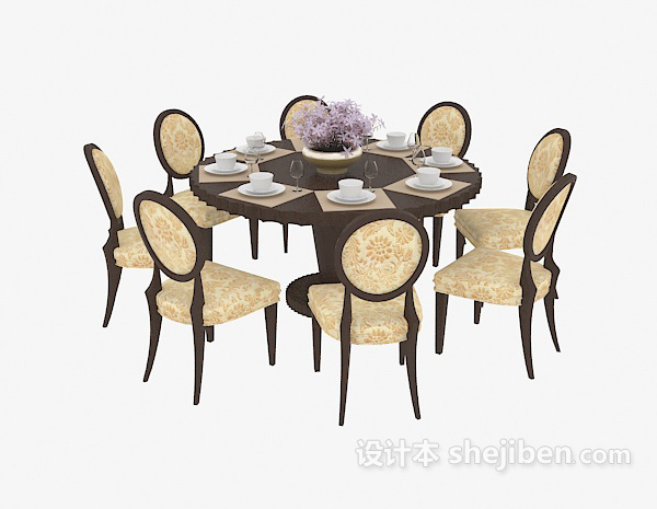 地中海风格八人圆桌椅组合3d模型下载
