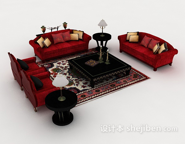 家居红色组合沙发3d模型下载