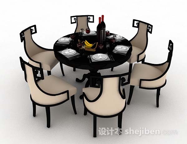 免费新中式圆形木质餐桌椅3d模型下载